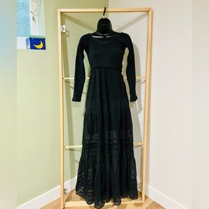 Free People Earth Angel Black Long Sleeve Lace Maxi Tiered Lace Dress XS